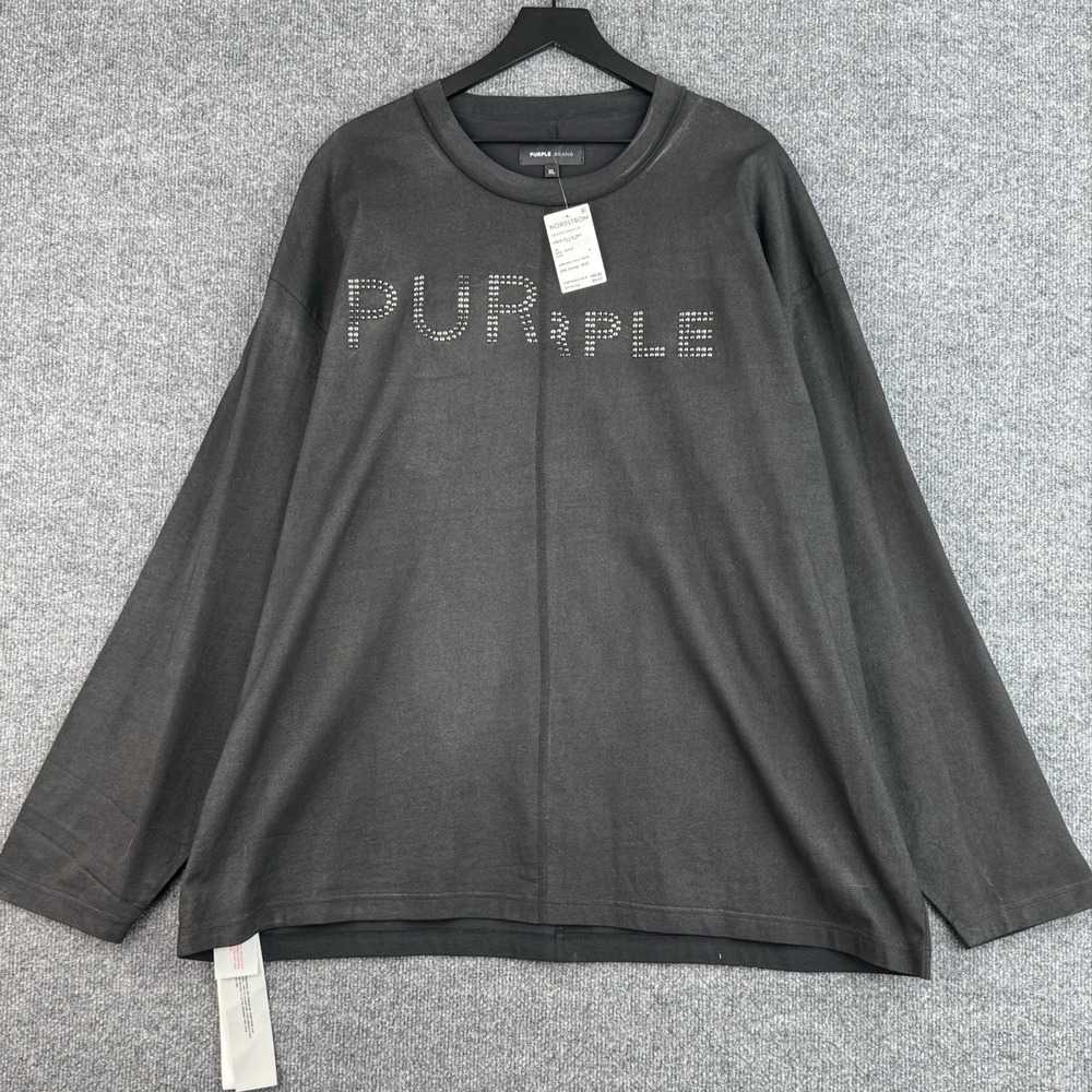 Purple Brand T Shirt Mens XL Black Studded Logo Coated Cotton Long Sleeve NWT
